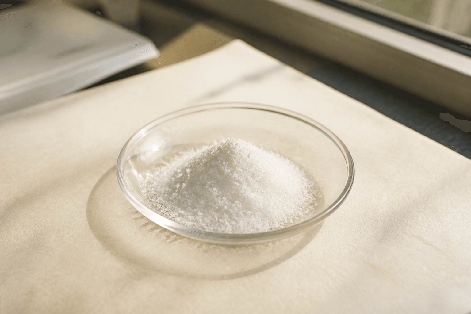 White crystalline powder in a clear glass dish on paper, window light