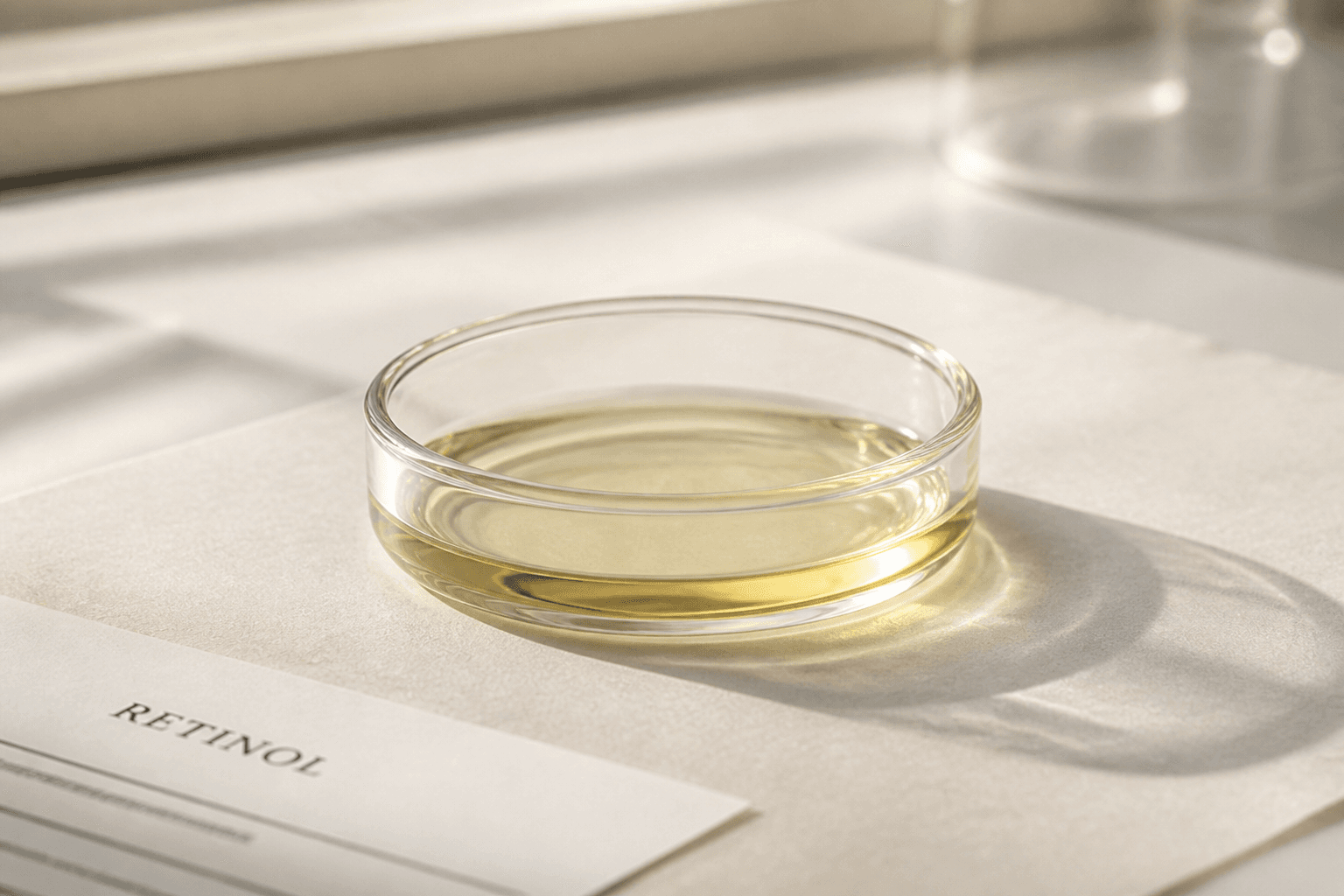 Pale oil in a clear glass dish on a lab bench, window light
