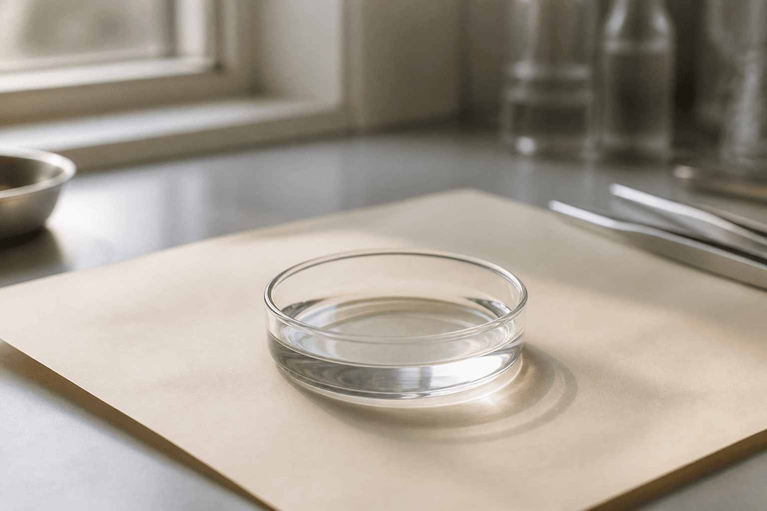 Clear oil in a clear glass dish on a lab bench, window light