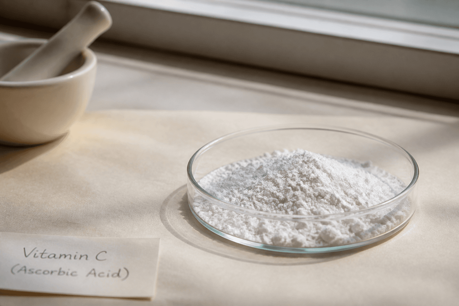 White powder in a clear glass dish on a lab bench, window light