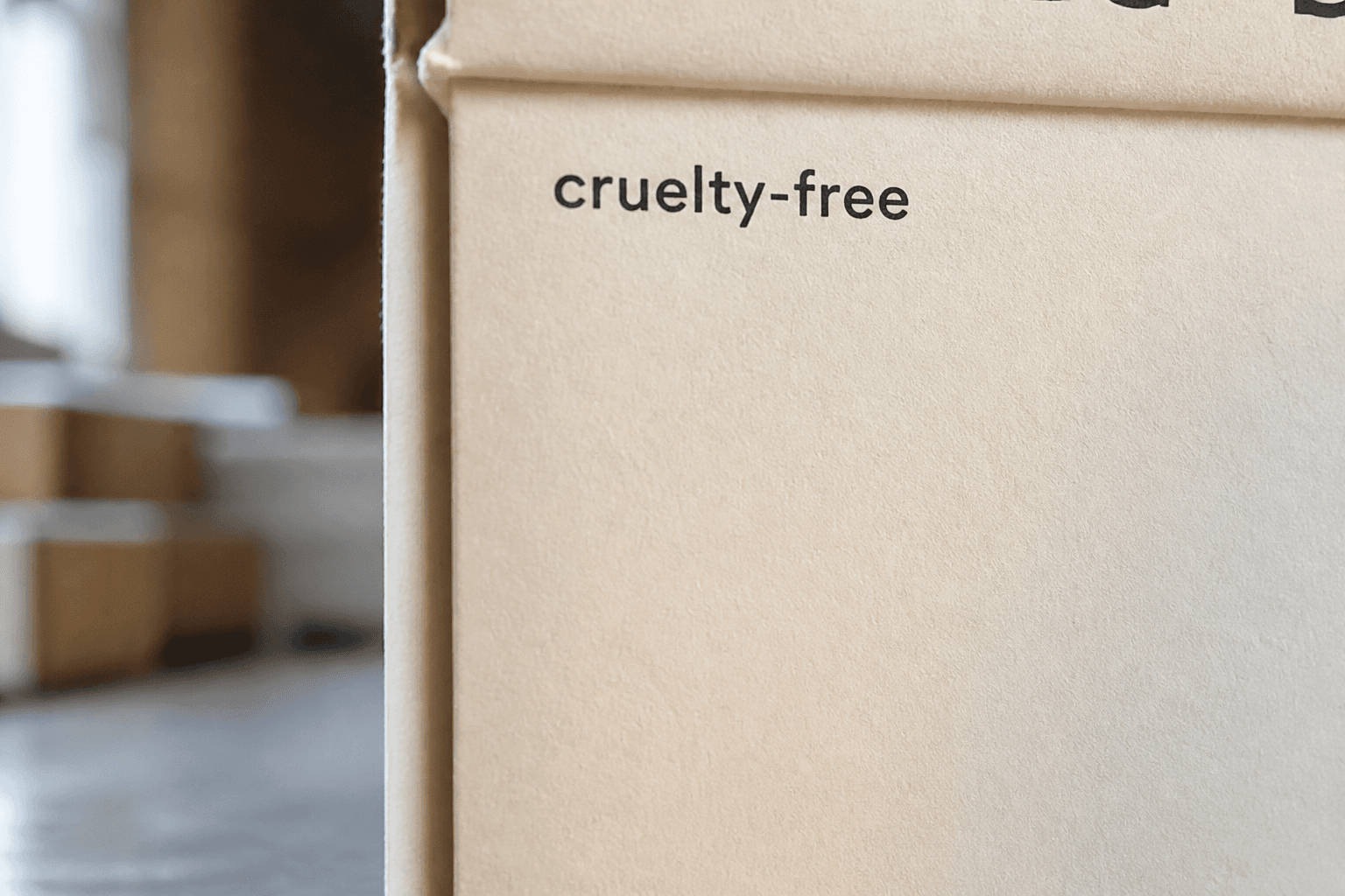 Matte carton with printed text reading cruelty-free, window light